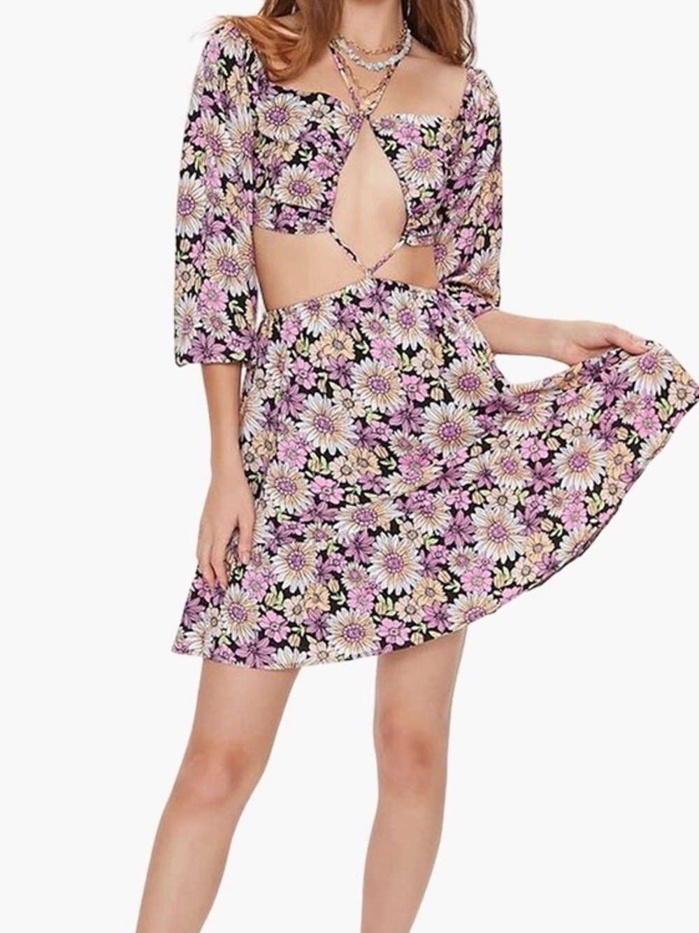 ✨Forever 21 Black Floral Cutout Mini Dress Strappy Halter Neck Line Size S - Picture 2 of 13